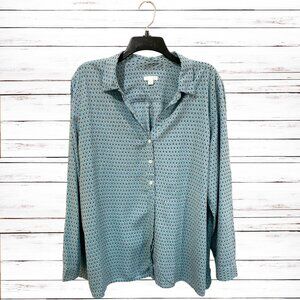 J. JILL Button down Fish motif Shirt v-neck Tunic Blue white black Size XL